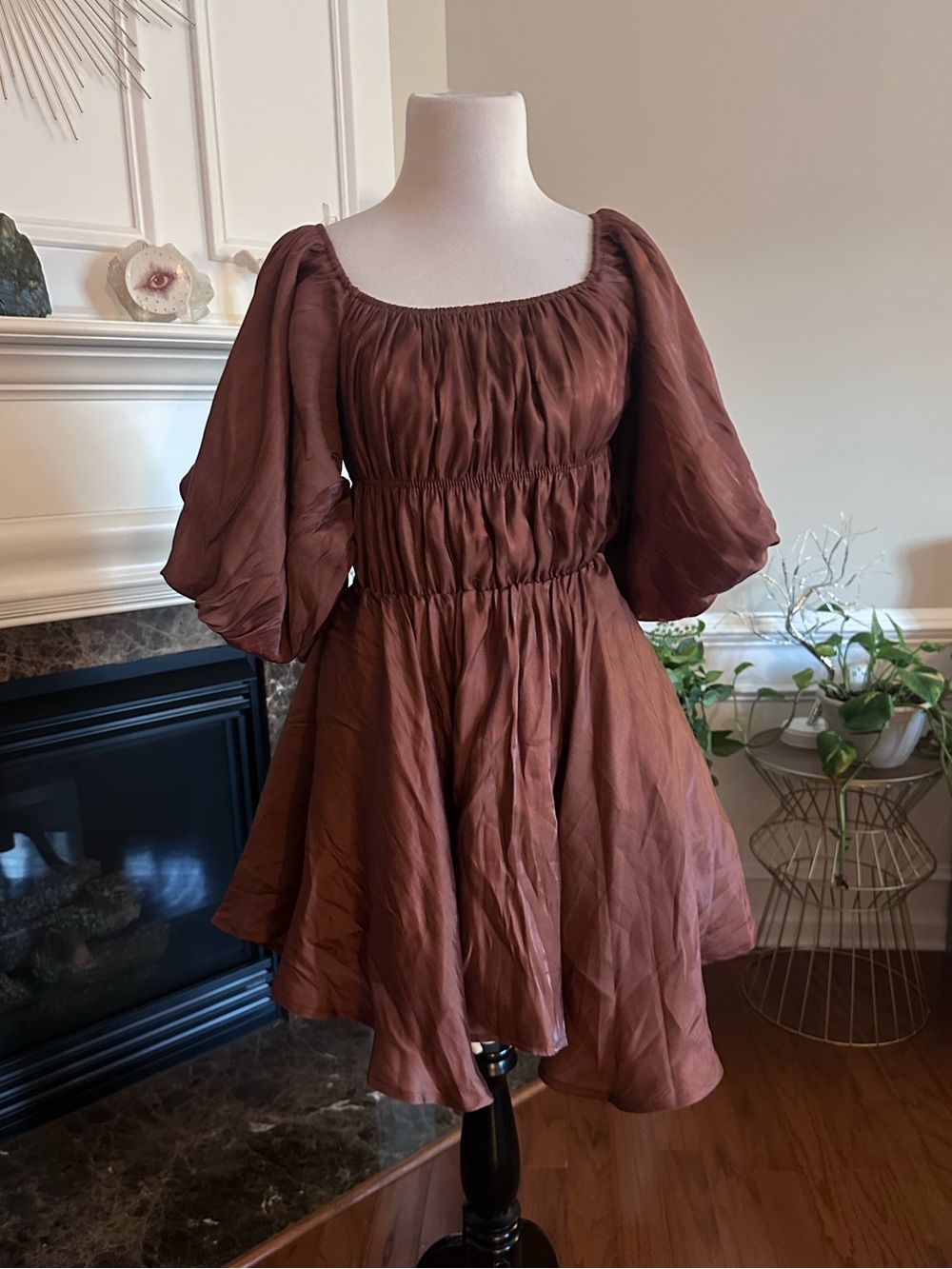 Altar'd State Chocolate Rust Puff-Sleeve Mini Dress